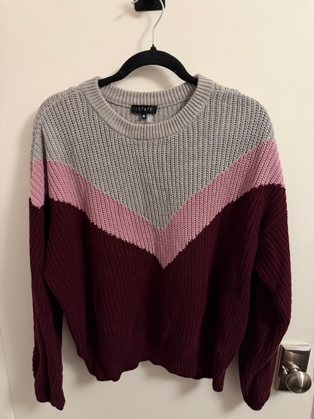 STATE Colorblock Chevron Crewneck Sweater - Gray, Pink, Burgundy